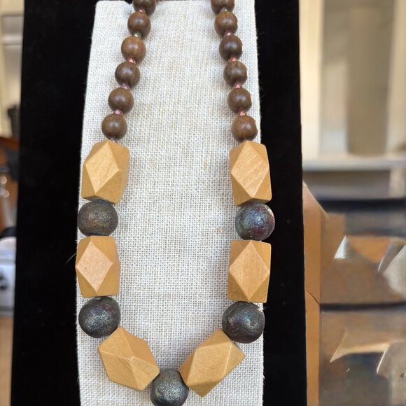 Wood & Raku Beaded Chunky Necklace Handmade - Picture 3 of 4